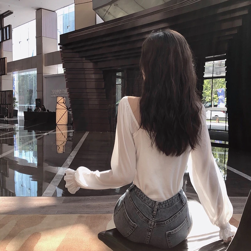 Women Slim Patchwork Chiffon Full Lantern Sleeve Square Collar Cropped T-Shirts Lady Knitted Stretchy Crop Tops Tshirt For Girls