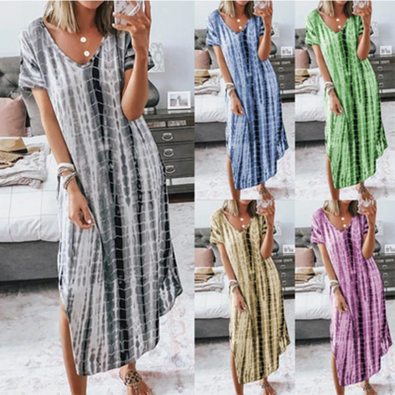 

jurken zomer 2021dames Sale Printed Tie-Dye Split V-neck Loose Thin Large Size Irregular Dress Women dress jurk dames kleding