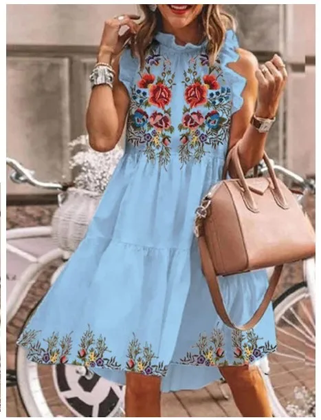 

New Women Casual Basic Summer Dress Sleeveless Print Plus Size S~5XL