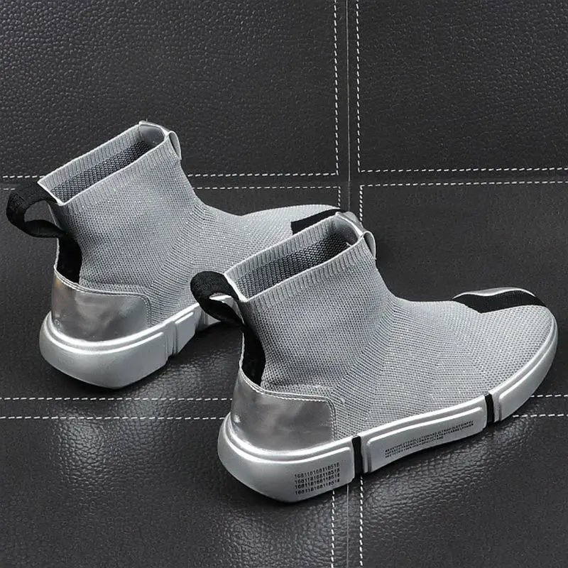 Мужские сетчатые кроссовки черные дышащие с высоким верхом на толстой подошве