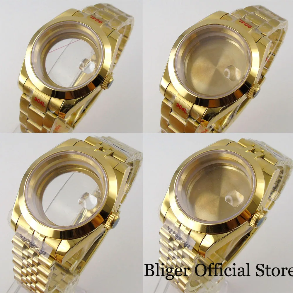 BLIGER Yellow Gold Coated 39mm Polish Watch Case fit NH35A NH36A ETA MIYOTA Jubilee/Oyster Band See-through/Solid Back