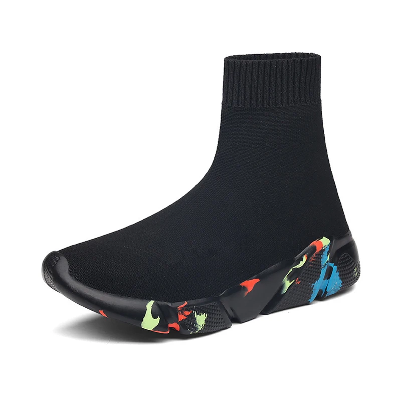 Black Mixed Color Женские кроссовки из вулканизированного материала, на плоской подошве, тянущиеся, вязаные, меховые носки, ботинки размера плюс, мужские, женские короткие ботинки, женская обувь на платформе - Цвет: Black Mixed Color