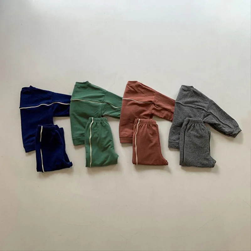 

Spring Boys' and Girls' Korean Children's Knitted Cotton Plain Side Stripe Sports Leisure Suit Pullover Pants Two Piece Set 2021
