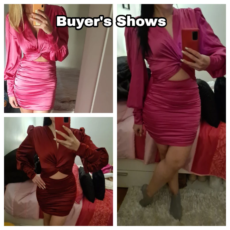 

Party club Sexy deep v neck bodycon dress hollow out mini dress Elegant winter autumn chic lantern sleeve satin dress