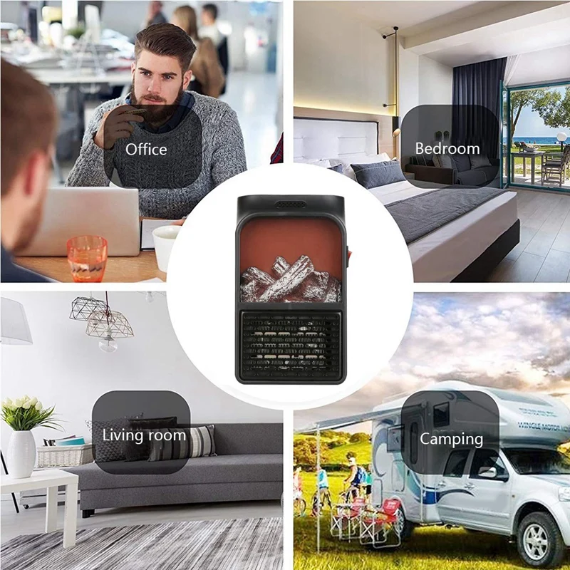 EU Plug Heater Mini Fan with Overheat Protection 180° Rotation Electric Fireplace Flame Office Home Inte | Бытовая техника