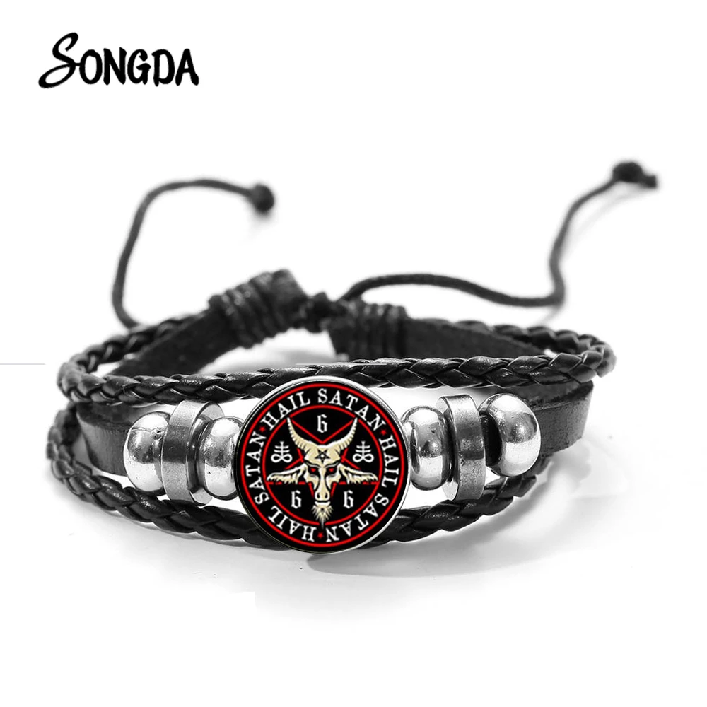 

Satanism Gothic Red Goat Head Leather Bracelet Baphomet Inverted Pentagram Print Glass Gem Handmade Woven Leather Bangles