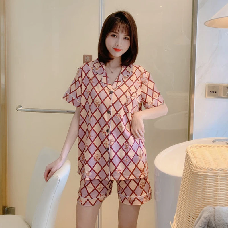 

New Summer Milk Silk Women Pajamas Set Fancy Print Leisure Casual Pyjamas Sexy Lapel Shirts+Shorts Party Sleepwear Soft Homewear
