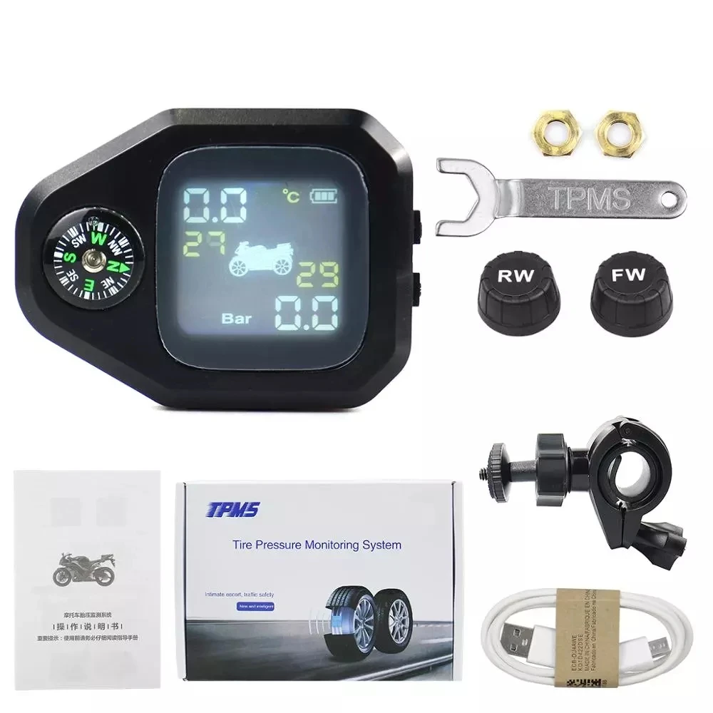 

TPMS 2External Sensor LCD Motorcycle Tire Pressure Monitoring System Realtime Monitor Abnormal Alarm Moto Tyre Tool PSI