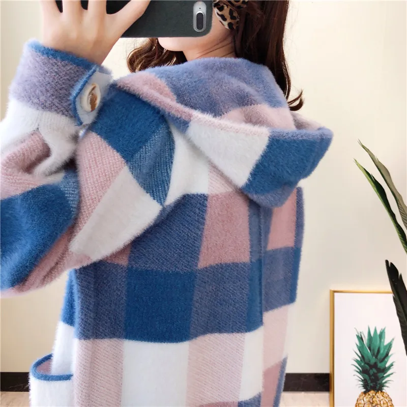 Осенне-зимние новые кашемировые пальто в клетку из норки вязаный свитер с