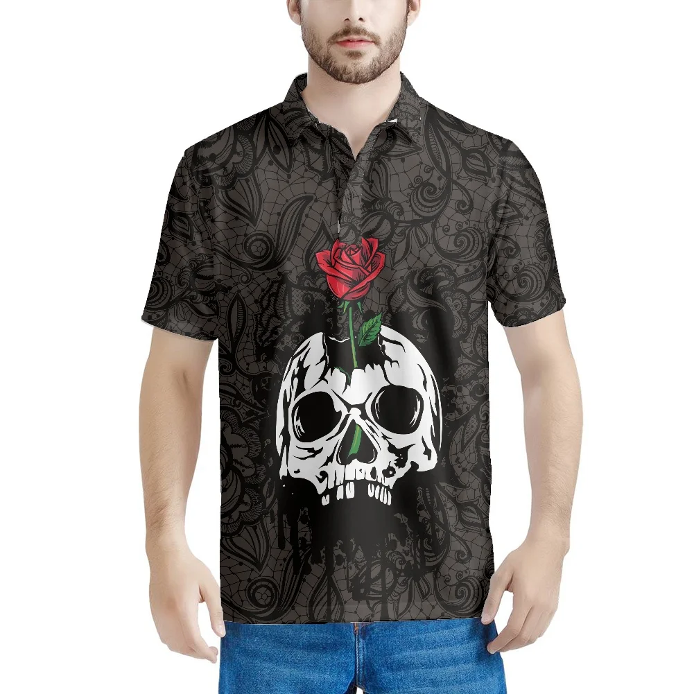 

Custom Gothic Skull And Rose Pattern Polyester Polos Shirt Lapel Print Short Sleeve Summer Breathable Short Sleeve Polos Shirts