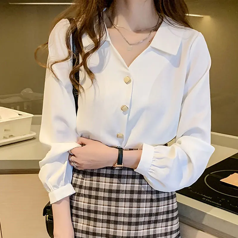 

MOYISU 2021 Spring New V Neck White Women Casual Shirt Temperament Chiffon Long Sleeve Blouse Fashion All-Matching Shirts Top
