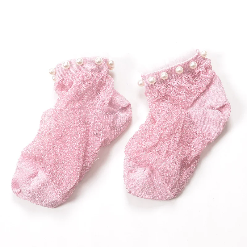 Летние модные женские носки Серебристые шелковые с жемчужинами короткие