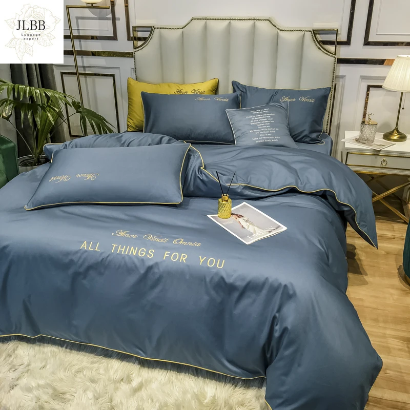 

Luxury Egyptian cotton Bedding Set Solid color embroidery Bed set Duvet Cover Bed Sheet spread flat bed sheet pillowcases
