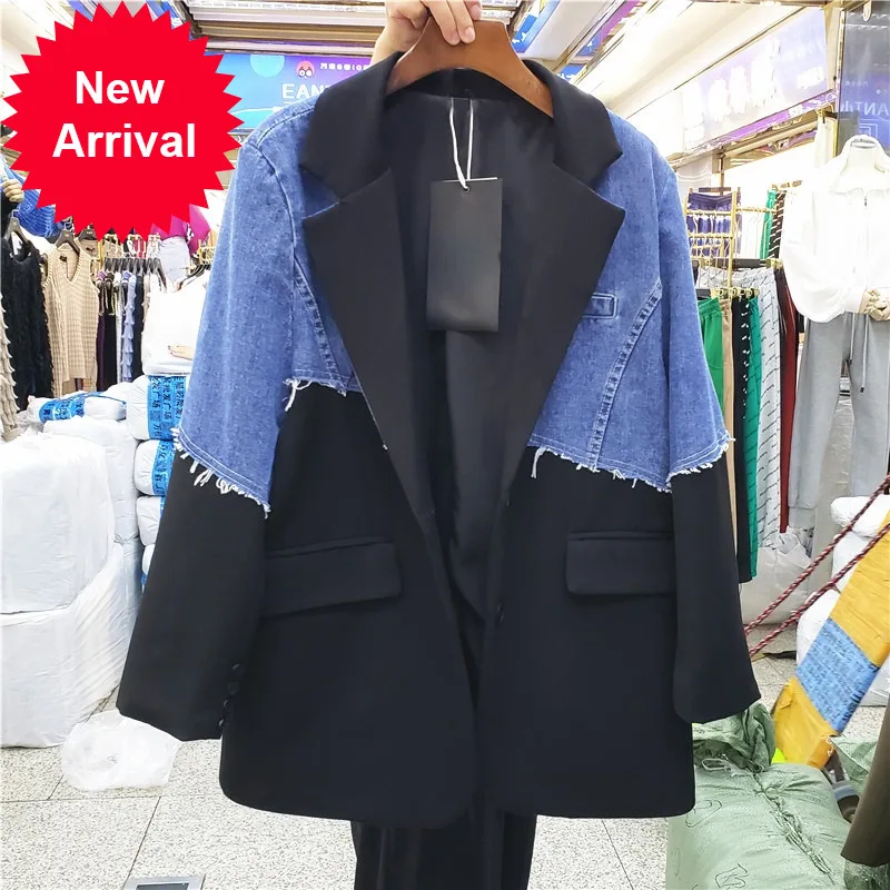 

Denim Stitching Blazer Women 2021 Autumn Clothing New Korean Style Retro Loose Contrast Color Suit Coat Lady Street Outwears