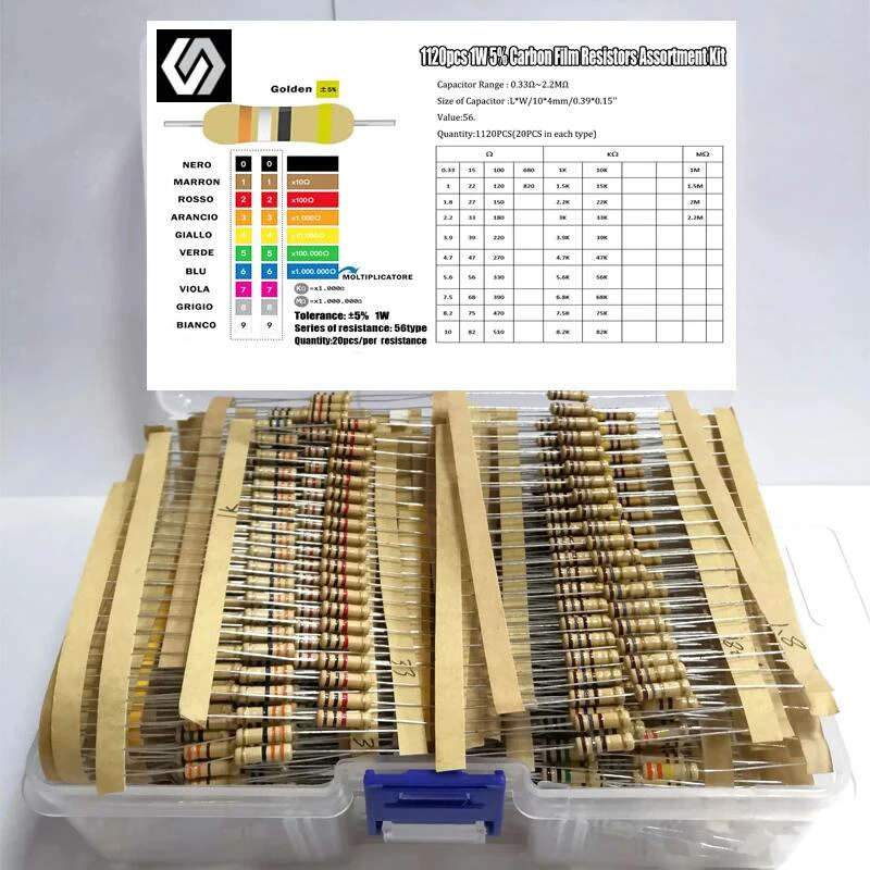 

1W 5% 56 Values*20PCS=1120PCS 0.33R-2.2MOhm Carbon Film Resistor Assorted Kit