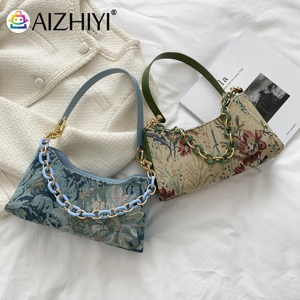 

Fashion Women Oil Painting Printed Shoulder Underarm Bag Casual Ladies Thick Chian Small Purse Handbags