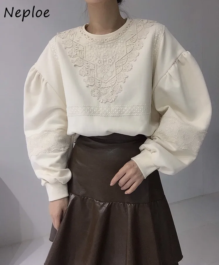 

Neploe Chic Lace Hook Flower Patchwork Hoody Vintage O-neck Loose Hoodies Women Casual All-match Lantern Sleeve Sweatshirt