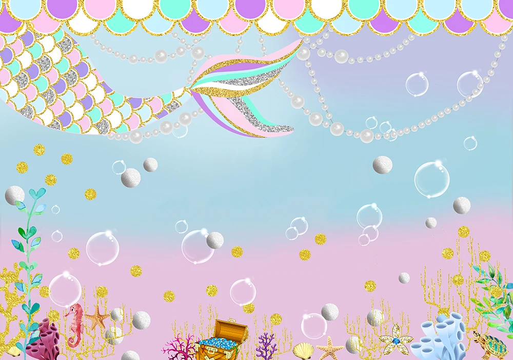 

Mermaid Themed Girl Princess Backdrop Birthday Party Banner Gradient Glittering Tail Scales Photo Background Table Wall Poster