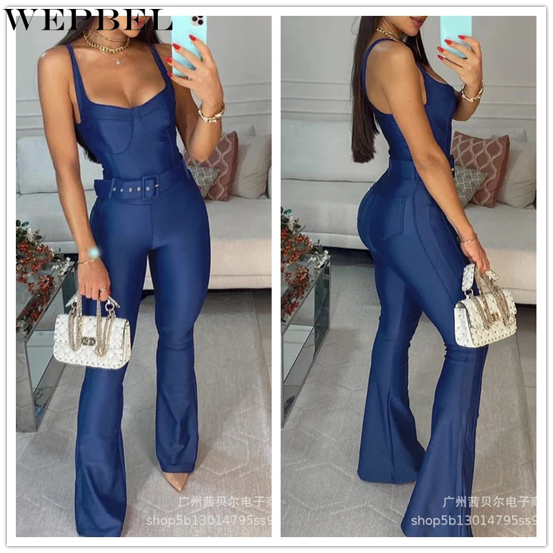 

Женский сексуальный комбинезон WEPBEL на бретельках, элегантный Облегающий комбинезон без рукавов с лямкой на шее и расклешенными брюками