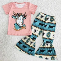wholesale girls short sleeve clothes high quality kids tee shirt bells suit toddlers cute animal pattern outfit