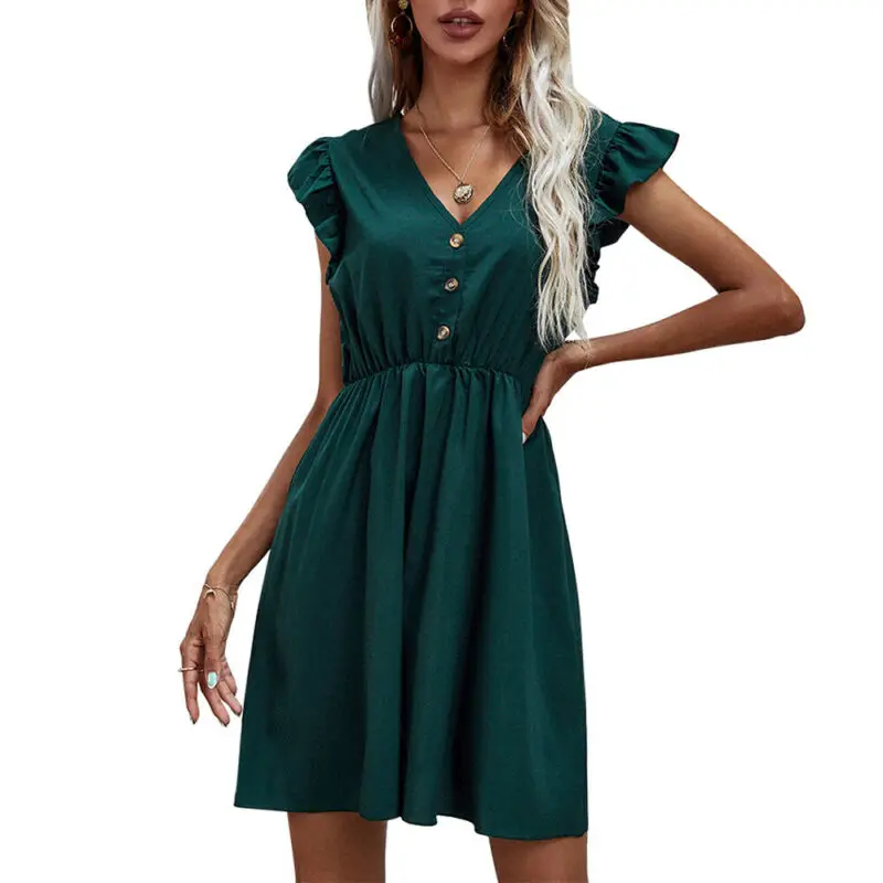

Summer A-line Mini Dress Sleeveless Solid Color Beachdress Ruffle V-neck Womens Ladies Sundress