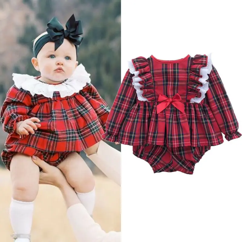 

0-24M Baby Girls 2pcs Set 2020 Christmas Newborn Baby Girl Clothes Ruffle Lace Rompers Dress+Short Pants Newborn Girls Outfits