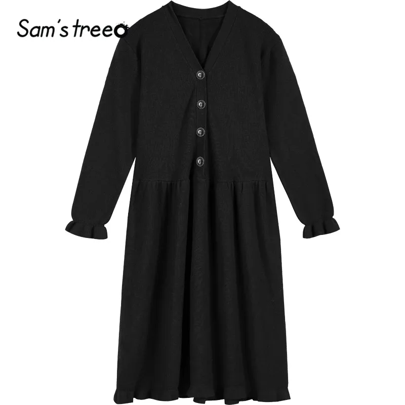 SAM'S TREE, черные однотонные повседневные женские платья на одной пуговице,, зимнее повседневное свободное женское платье с длинными рукавами и оборками