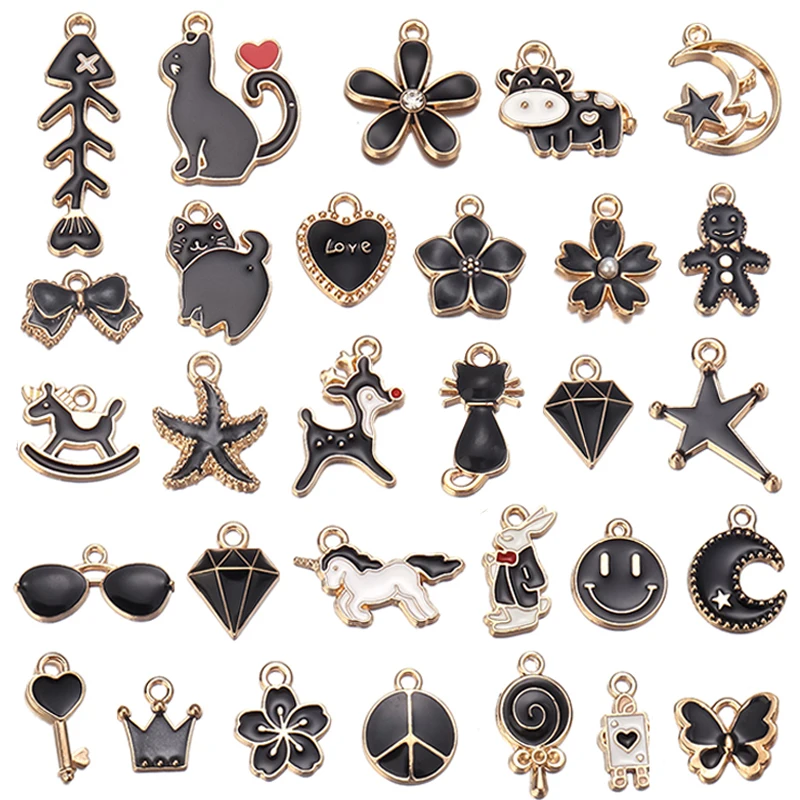 30 шт. эмалевые подвески в форме капли Смешанные Подвески виде черного кота цветка