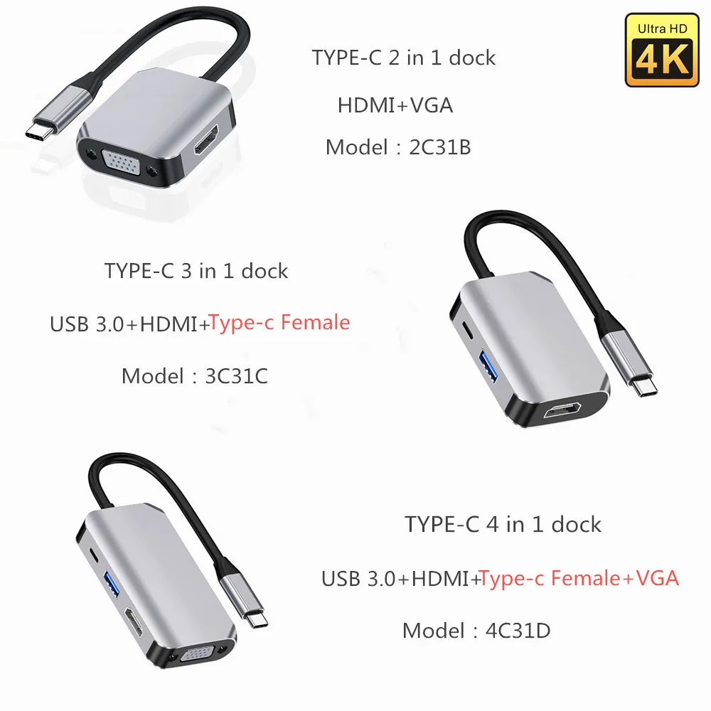 

USB C Hub Type C to HDMI-compatible Adapter 4K VGA USB 3.0 Hub for Macbook Air/Pro USB C Dock Type-C 3.0 Splitter Hub USB