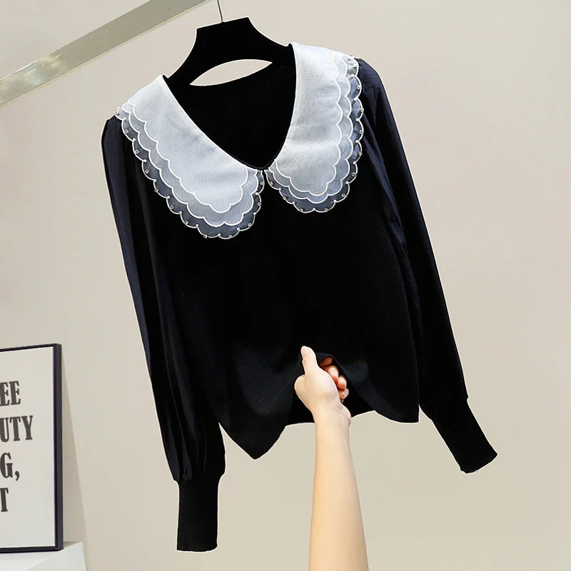 

Fashion Beads Lace Sweet Doll Collar Knitted Pullovers 2021 Autumn Winter Long Sleeve All-Matching Sweater Female Loose Sweaters