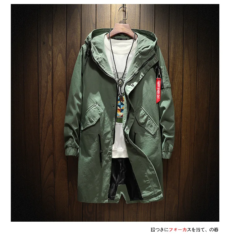 

Long Trench Coat Jacket Men Cotton Autumn Spring Black Hip Hop Japanese Coats Streetwear Men's Hooded Army Green Casual Jackets