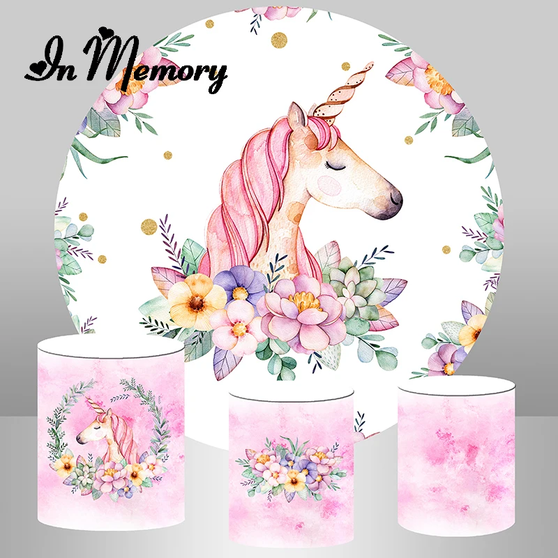 

InMemory Beautilful Unicorn Girls Birthday Party Round Backdrop Cover Pink Baby Shower Newborn Circle Background Plinth Covers