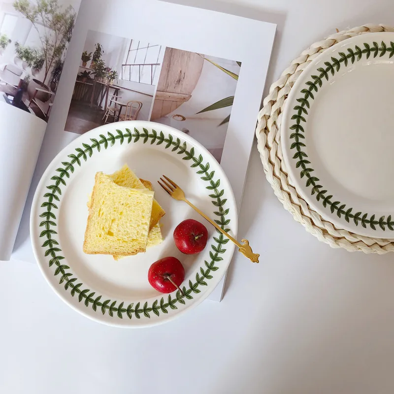 1 шт. керамическая тарелка с рисунком зеленых листьев|Блюдца и тарелки| |