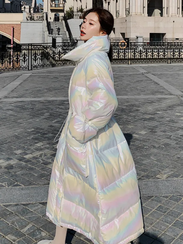 

White Bright-faced Long Bread Cotton Coat Women Winter Loose Stand Collar Pocket Solid Color Parka Jacket Hight Quality Overcoat