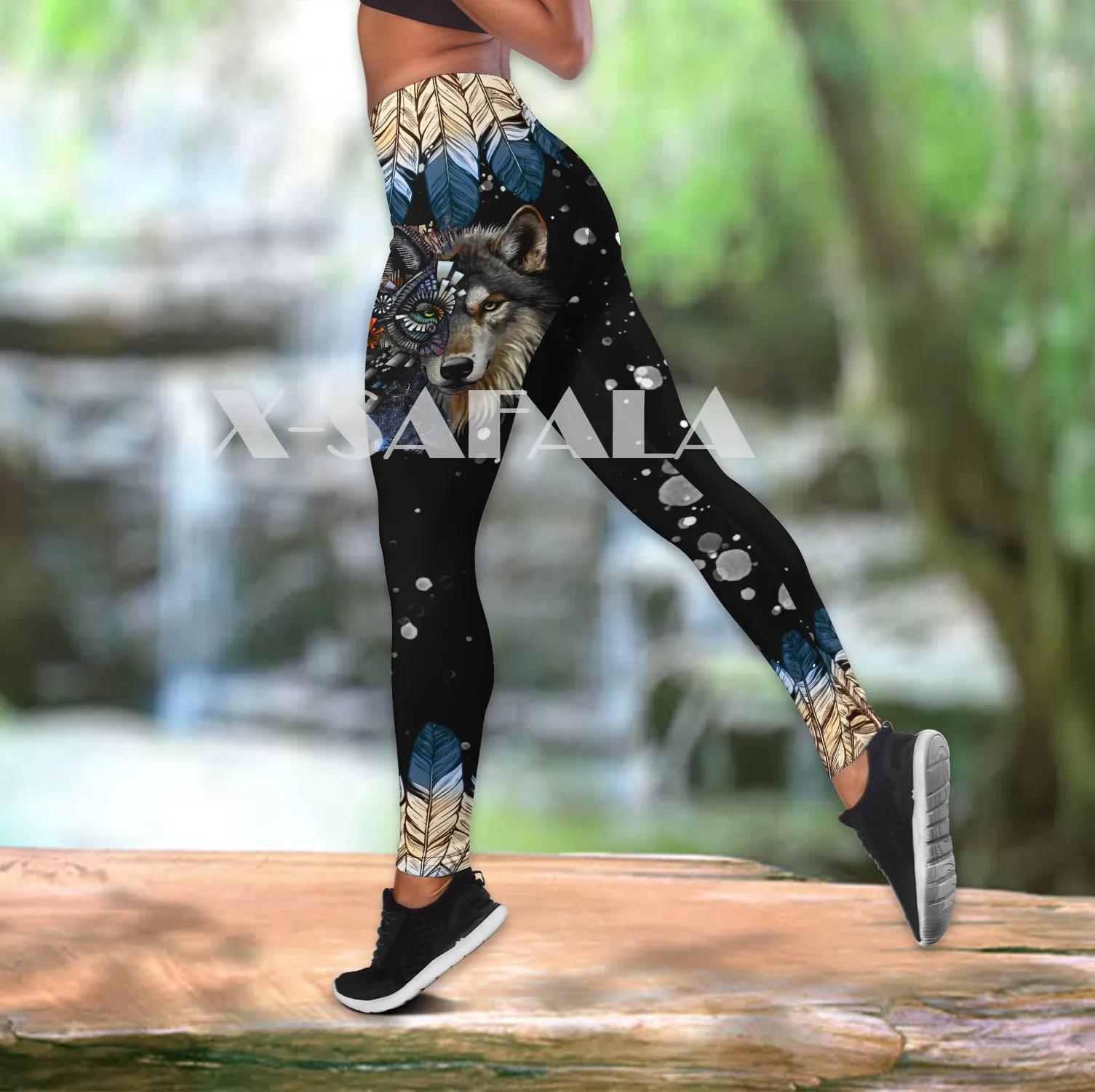 

Native Indian Wolf Animal Art Two Piece Yoga Set Women 3D Print Vest Hollow Out Tank Top High Waist Legging Summer Casual Sport
