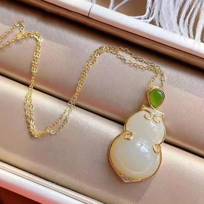 

S925 Sterling Silver Inlaid Hetian Jade Calabash Pendent Natural White Jade Gourd Pendant Women's Clavicle Chain Pendant