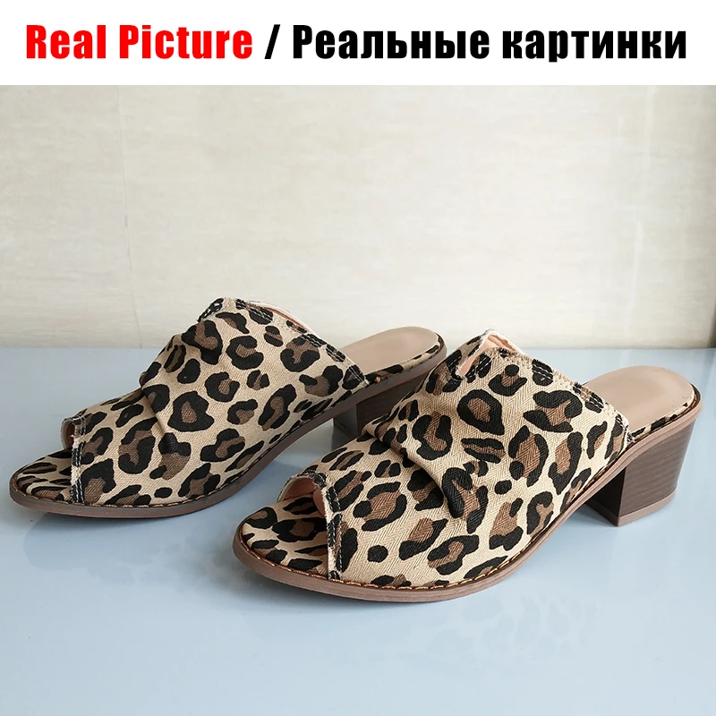 

BONJOMARISA 2020 New Arrival INS Hot Pleated Leopard Mules High Block Heels Mules Women Summer Casual slip-on Heels Shoes Woman