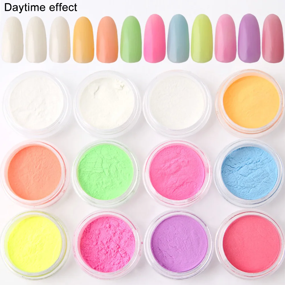 12 шт./компл. красочные пигментные Блестки для ногтей светится в темноте