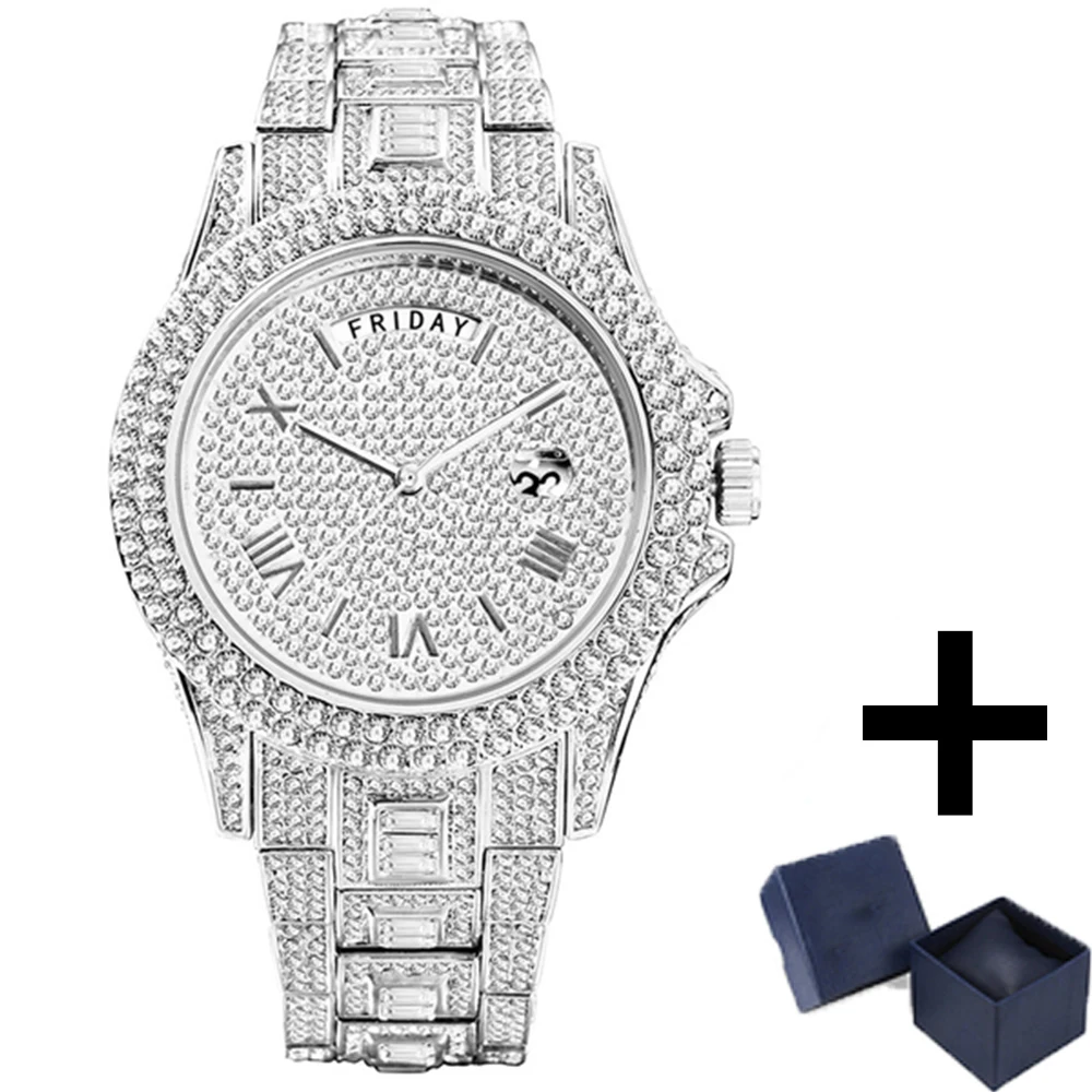 

Hip Hop Full Diamond Men's Watches Top Luxury Silver Steel Quartz Watch Multifunction Week Display Auto Date Day Iced Out Clocks