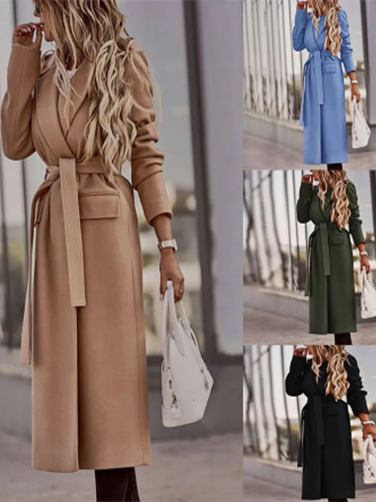 

2021 European and American Fashion Hot Style Lapel Cardigan Solid Color Long-sleeved Mid-length Woolen Coat Women's Clothing