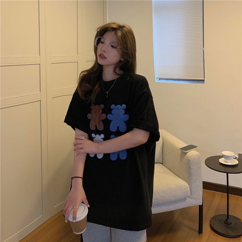 

YTX1726 women new loose white blouse cute bear design short-sleeved T-shirt