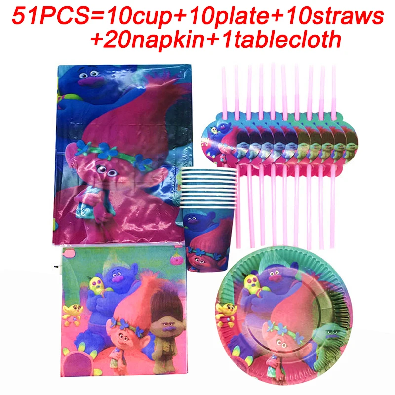 

Trolls Birthday Party Tablecloth Cup Plate Straw Napkin Disposable Tableware Set Baby Shower Ariel Party Supplies Decoration Set