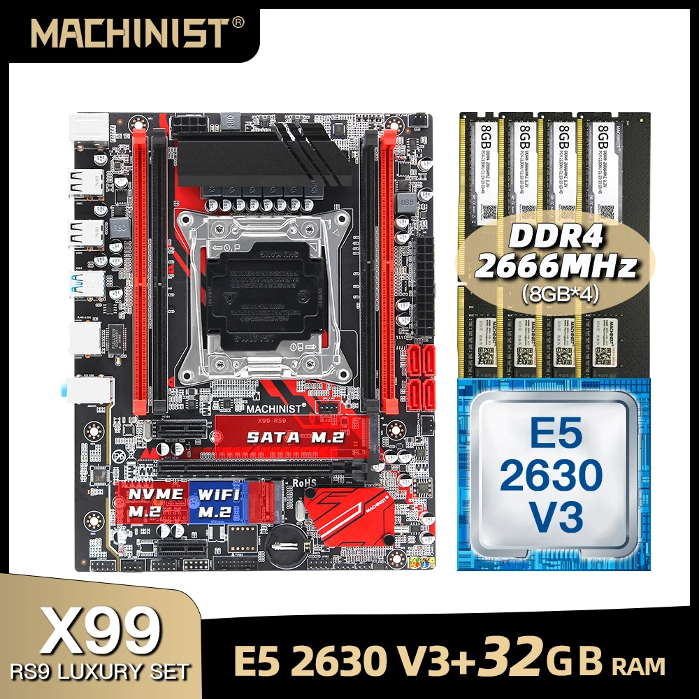 Günstig X99 Motherboard LGA 2011-3 Set Kit Mit Intel Xeon E5 2630 V3 Prozessor DDR4 32GB(4*8GB) 2666mhz RAM Speicher M-ATX X99-RS9