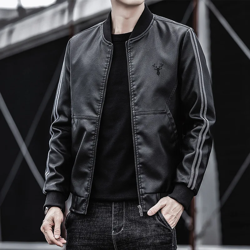 

The New Spring and Autumn 2020 Men's Korean Version Slim-Fitting Stand-Up PU Leather Jacket Ropa De Hombre