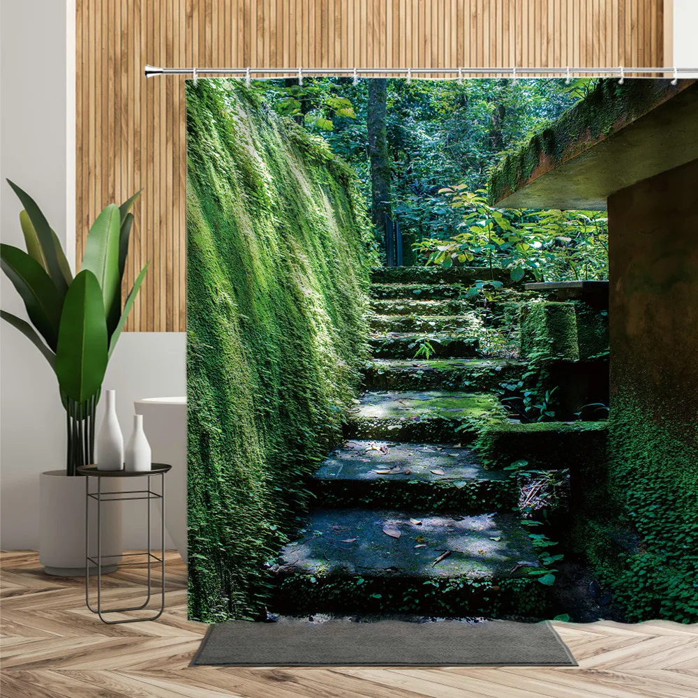 Занавеска для душа с изображением ступенек зеленого леса пейзаж в стиле ретро