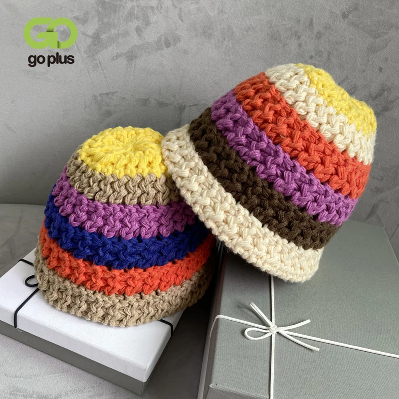 

GOPLUS Knitted beanie Adjustable bucket hat Winter 2021 Hats jersey bonnets for women Rainbow striped Caps chapeau femme gorros