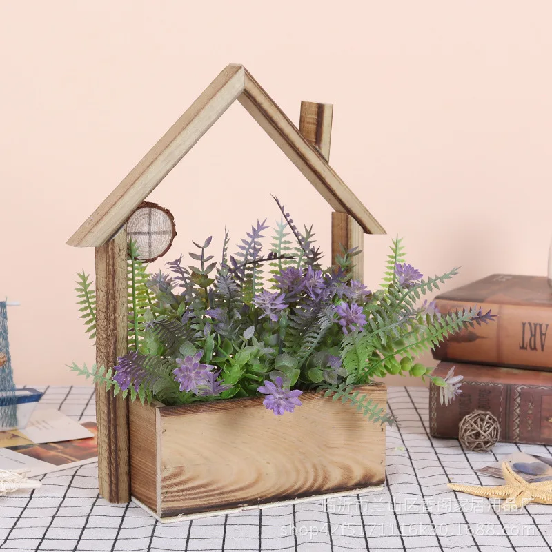 with flowers A Настенный деревянный цветочный горшок, креативные пасторальные мясистые цветочные горшки, маленький домик, цветочная корзина, украшение для дома, гостиной, стены - Цвет: with flowers A