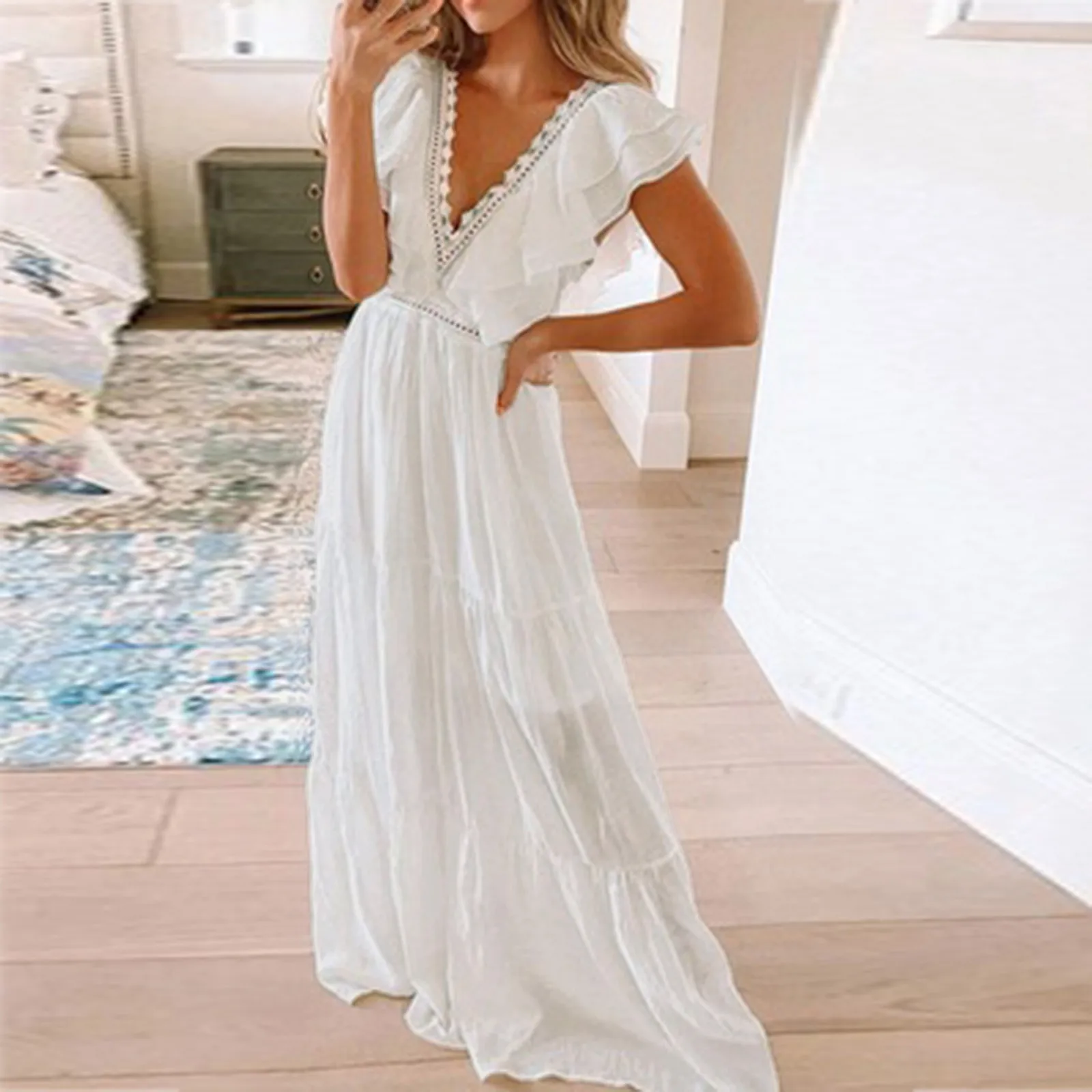 

Sexy Deep V Neck Maxi Dresses For Women Summer 2022 Elegant Lace Long Sleeve Off Shoulder Long Cocktail Prom Gown Party Dress