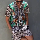Мужская пляжная рубашка на пуговицах, с леопардовым принтом, короткими рукавами и отворотами, пляжные шорты, уличная одежда, повседневный мужской костюм, лето 2021