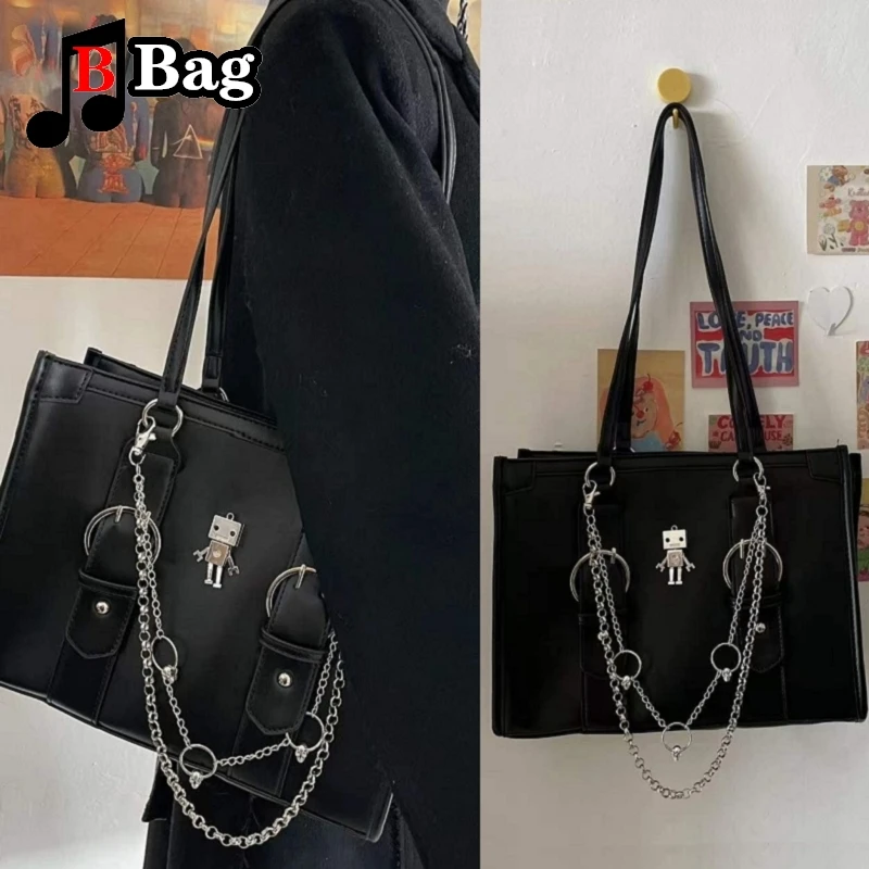 

Сумка на плечо Y2K из искусственной кожи для женщин и девушек, вместительная сумочка-тоут в стиле панк с металлической цепочкой в виде робота и черепа, в стиле Харадзюку